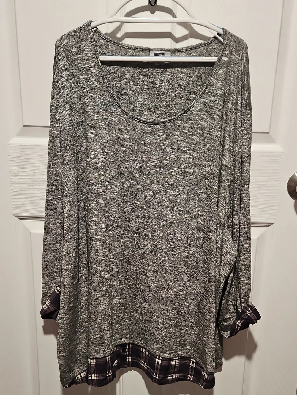Catherines Gray Marled Long-Sleeve Tunic with Plaid Hem